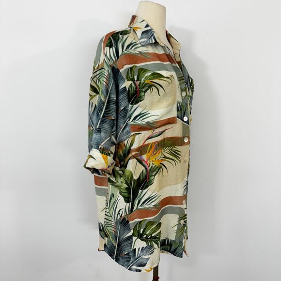 SHORE Linen-Blend Short Sleeve Top Button Down Shirt Tunic Coverup Floral XS - Picture 5 of 10